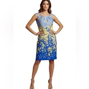 Chetta B Floral Pleated Sheath Dress Blue & Yellow Sleeveless Size 14